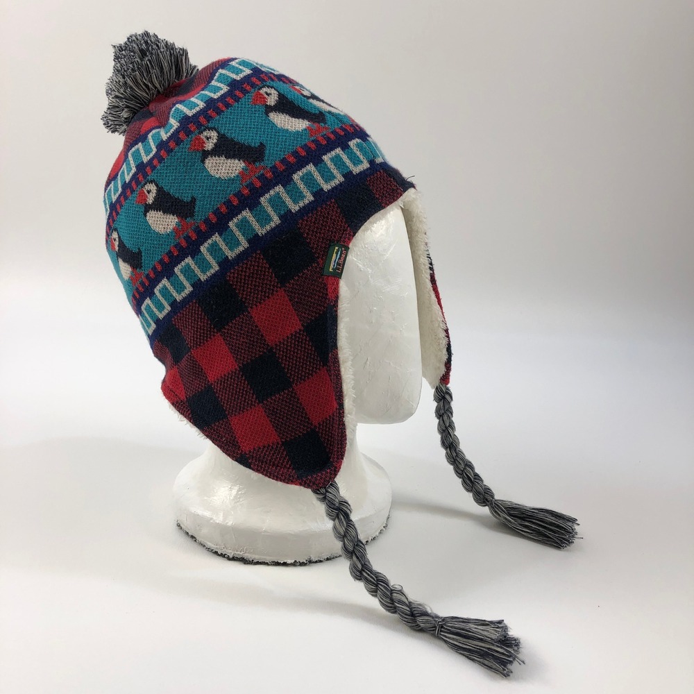 L.L. Bean Trapper Hat Unisex OSFM Puffin Buffalo Plaid Red Black Fleece EUC
